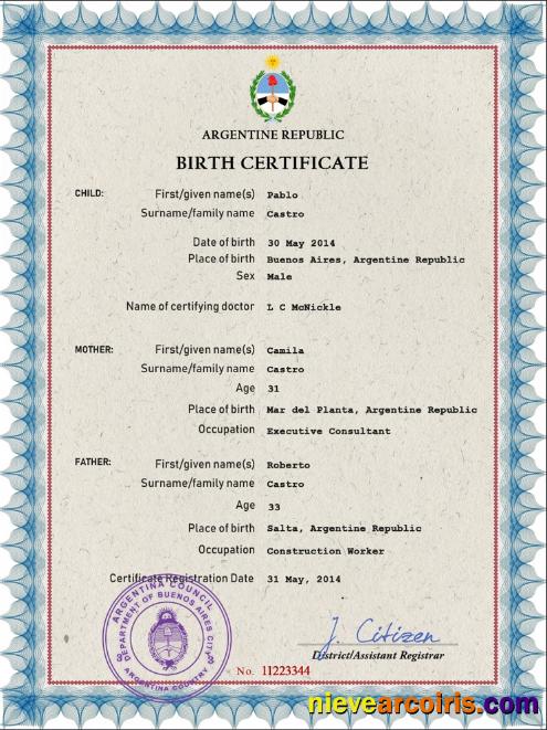 Argentina vital record birth certificate